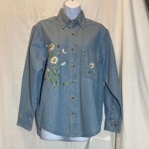 Jerzees  Chambray/Denim Long-sleeved Shirt with Fun Daisy Design - women-S NWOT